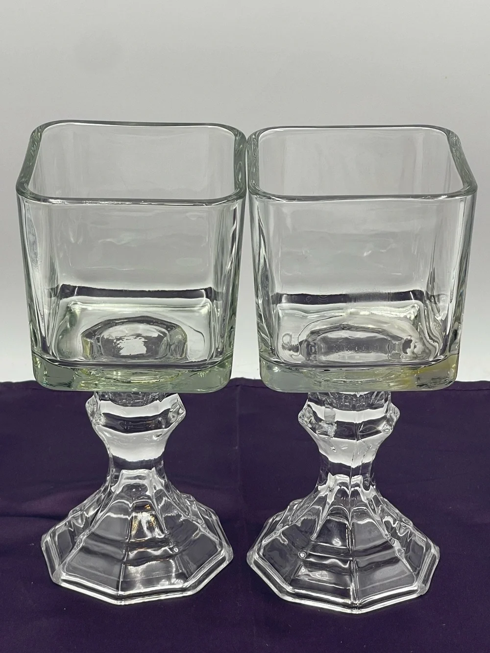 Vintage Pressed Glass Candle Holders Square Top Hexagonal Stem Pedestal Set of 2